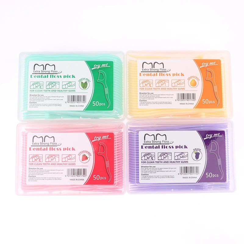 50Pcs/Box Floss Toothpick Set Colorful Fruit Flavour