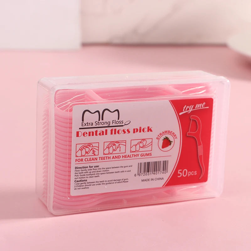 50Pcs/Box Floss Toothpick Set Colorful Fruit Flavour